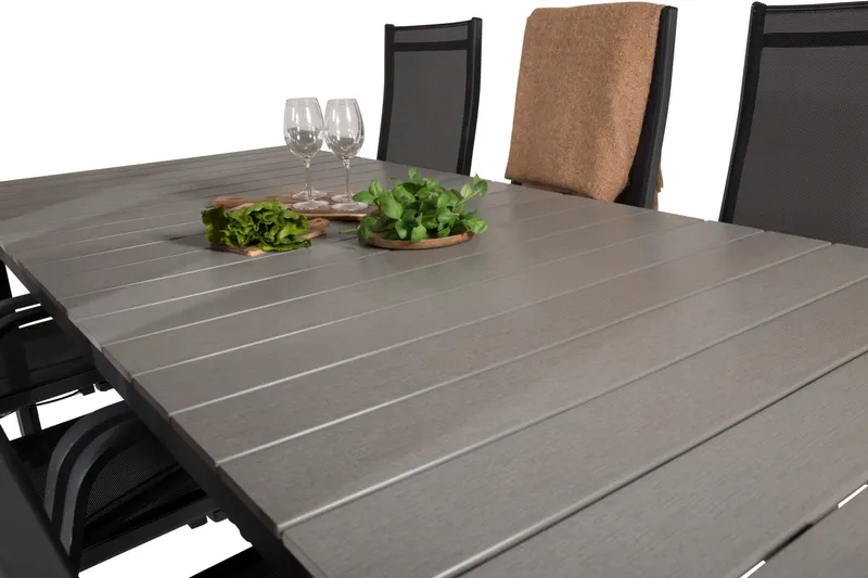 Levels & Copacabana Gartenmöbel-Set mit Ausziehtisch und 6 Hochlehnern in 229 × 100 cm, Grau, Gestell Schwarz, Ansicht 5