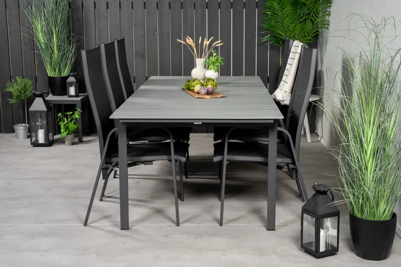 Levels & Copacabana Gartenmöbel-Set mit Ausziehtisch und 6 Hochlehnern in 229 × 100 cm, Grau, Gestell Schwarz, im Wohnraum, Ansicht 1