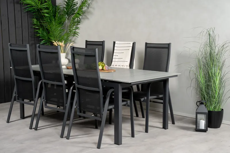 Levels & Copacabana Gartenmöbel-Set mit Ausziehtisch und 6 Hochlehnern in 229 × 100 cm, Grau, Gestell Schwarz, im Wohnraum, Ansicht 2