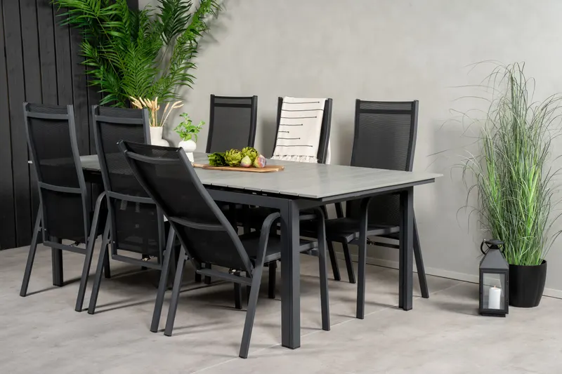 Levels & Copacabana Gartenmöbel-Set mit Ausziehtisch und 6 Hochlehnern in 229 × 100 cm, Grau, Gestell Schwarz, im Wohnraum, Ansicht 3