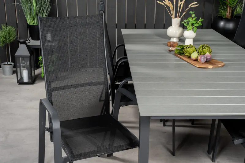 Levels & Copacabana Gartenmöbel-Set mit Ausziehtisch und 6 Hochlehnern in 229 × 100 cm, Grau, Gestell Schwarz, im Wohnraum, Ansicht 5