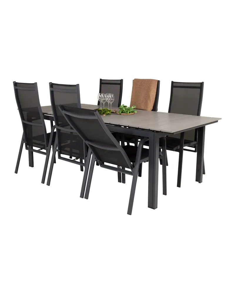 Levels & Copacabana Gartenmöbel-Set mit Ausziehtisch und 6 Hochlehnern in 229 × 100 cm, Grau, Gestell Schwarz, Ansicht 4