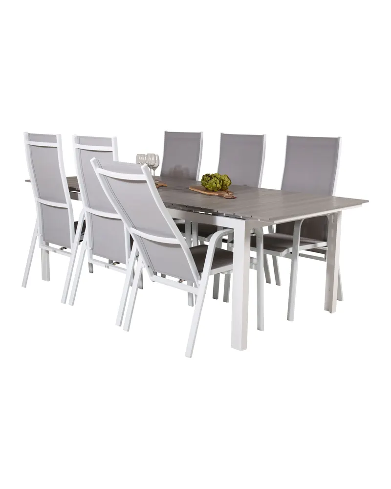 Levels & Copacabana Gartenmöbel-Set mit Ausziehtisch und 6 Hochlehnern in 229 × 100 cm, Grau, Gestell Weiß, Ansicht 4