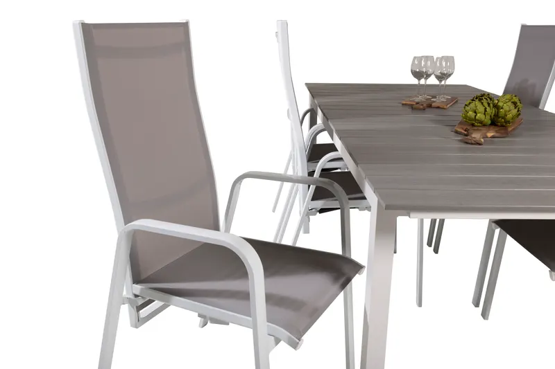 Levels & Copacabana Gartenmöbel-Set mit Ausziehtisch und 6 Hochlehnern in 229 × 100 cm, Grau, Gestell Weiß, Ansicht 5