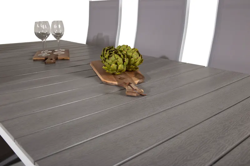 Levels & Copacabana Gartenmöbel-Set mit Ausziehtisch und 6 Hochlehnern in 229 × 100 cm, Grau, Gestell Weiß, im Wohnraum, Ansicht 1
