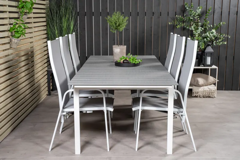 Levels & Copacabana Gartenmöbel-Set mit Ausziehtisch und 6 Hochlehnern in 229 × 100 cm, Grau, Gestell Weiß, im Wohnraum, Ansicht 2