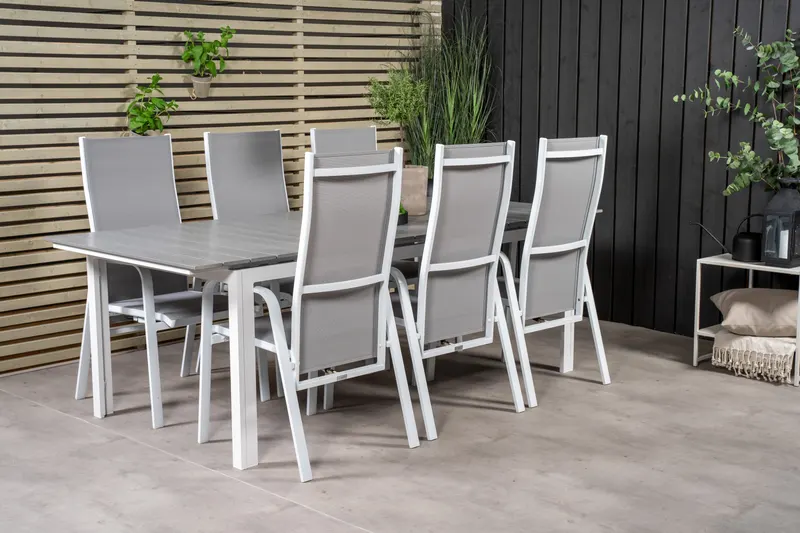 Levels & Copacabana Gartenmöbel-Set mit Ausziehtisch und 6 Hochlehnern in 229 × 100 cm, Grau, Gestell Weiß, im Wohnraum, Ansicht 3