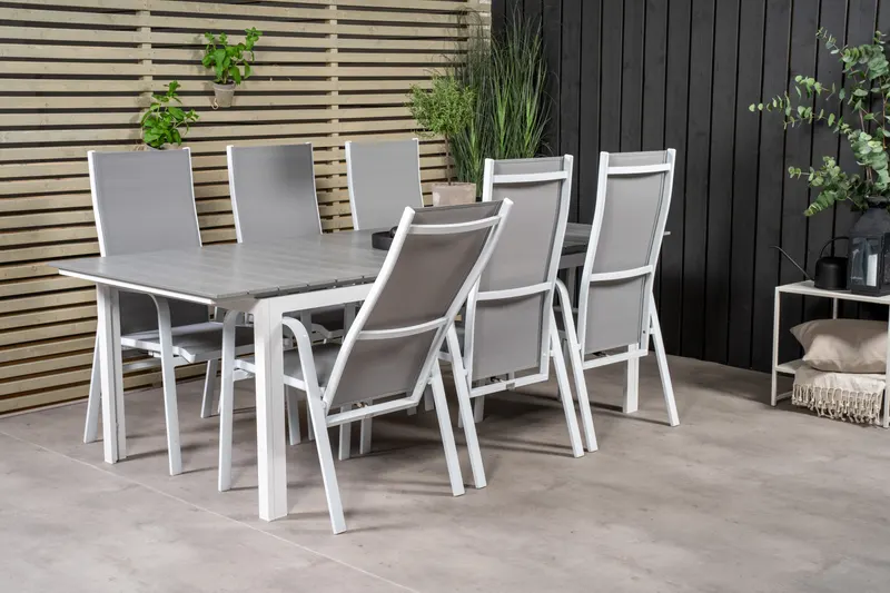 Levels & Copacabana Gartenmöbel-Set mit Ausziehtisch und 6 Hochlehnern in 229 × 100 cm, Grau, Gestell Weiß, im Wohnraum, Ansicht 4