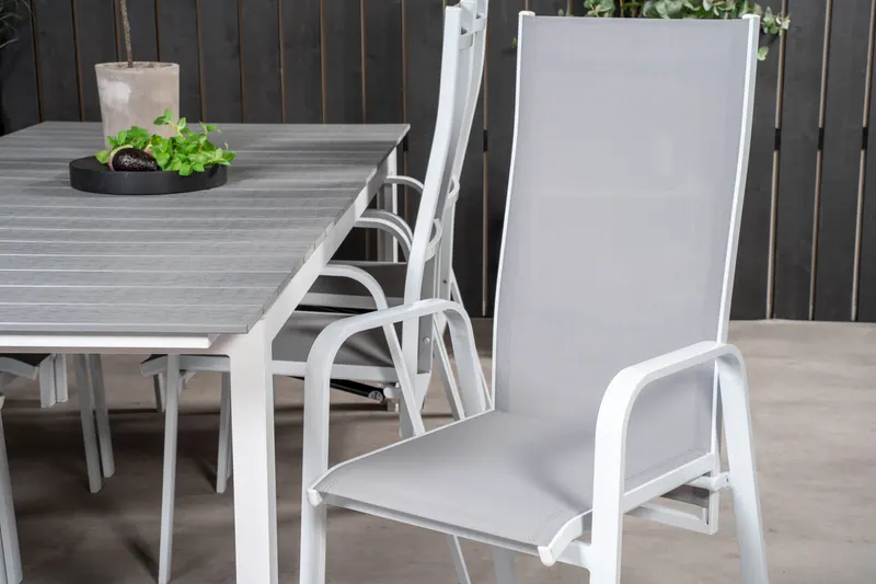 Levels & Copacabana Gartenmöbel-Set mit Ausziehtisch und 6 Hochlehnern in 229 × 100 cm, Grau, Gestell Weiß, im Wohnraum, Ansicht 6