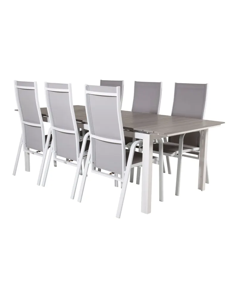 Levels & Copacabana Gartenmöbel-Set mit Ausziehtisch und 6 Hochlehnern in 229 × 100 cm, Grau, Gestell Weiß, Ansicht 2