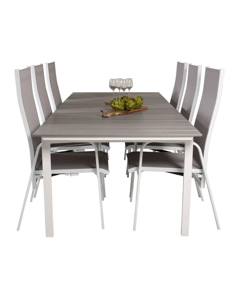 Levels & Copacabana Gartenmöbel-Set mit Ausziehtisch und 6 Hochlehnern in 229 × 100 cm, Grau, Gestell Weiß, Ansicht 3