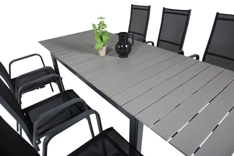 Levels & Copacabana Gartenmöbel-Set mit Ausziehtisch und 8 Hochlehnern in 160 × 100 cm, Grau, Gestell Schwarz, Ansicht 6