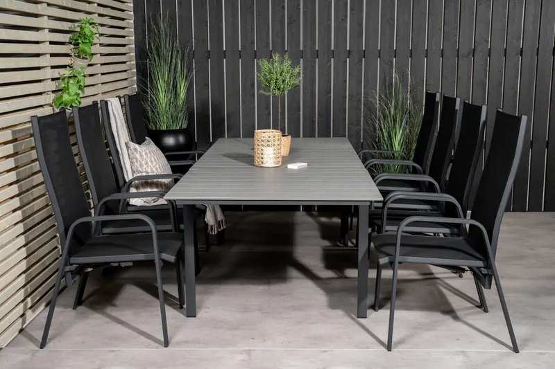Levels & Copacabana Gartenmöbel-Set mit Ausziehtisch und 8 Hochlehnern in 160 × 100 cm, Grau, Gestell Schwarz, im Wohnraum, Ansicht 1