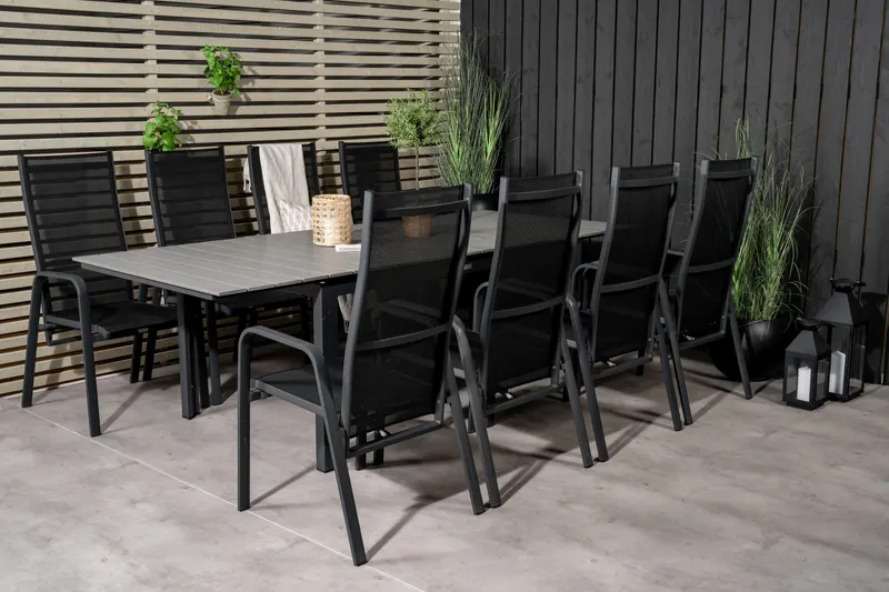 Levels & Copacabana Gartenmöbel-Set mit Ausziehtisch und 8 Hochlehnern in 160 × 100 cm, Grau, Gestell Schwarz, im Wohnraum, Ansicht 2