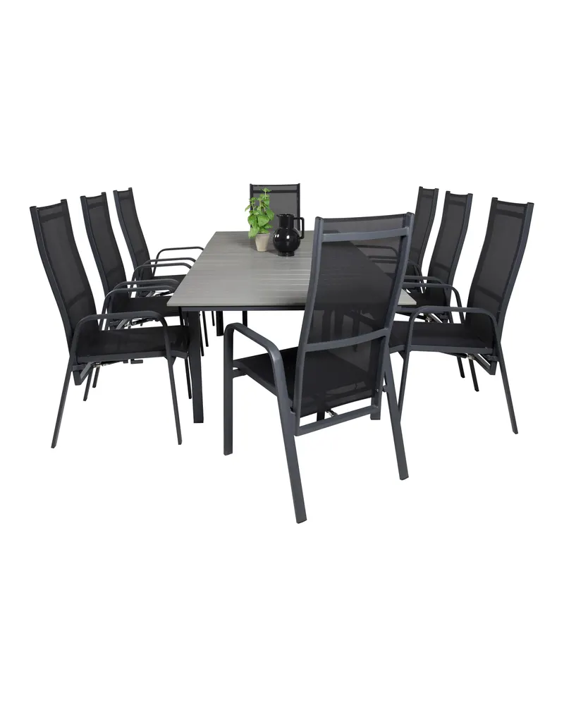 Levels & Copacabana Gartenmöbel-Set mit Ausziehtisch und 8 Hochlehnern in 160 × 100 cm, Grau, Gestell Schwarz, Ansicht 3