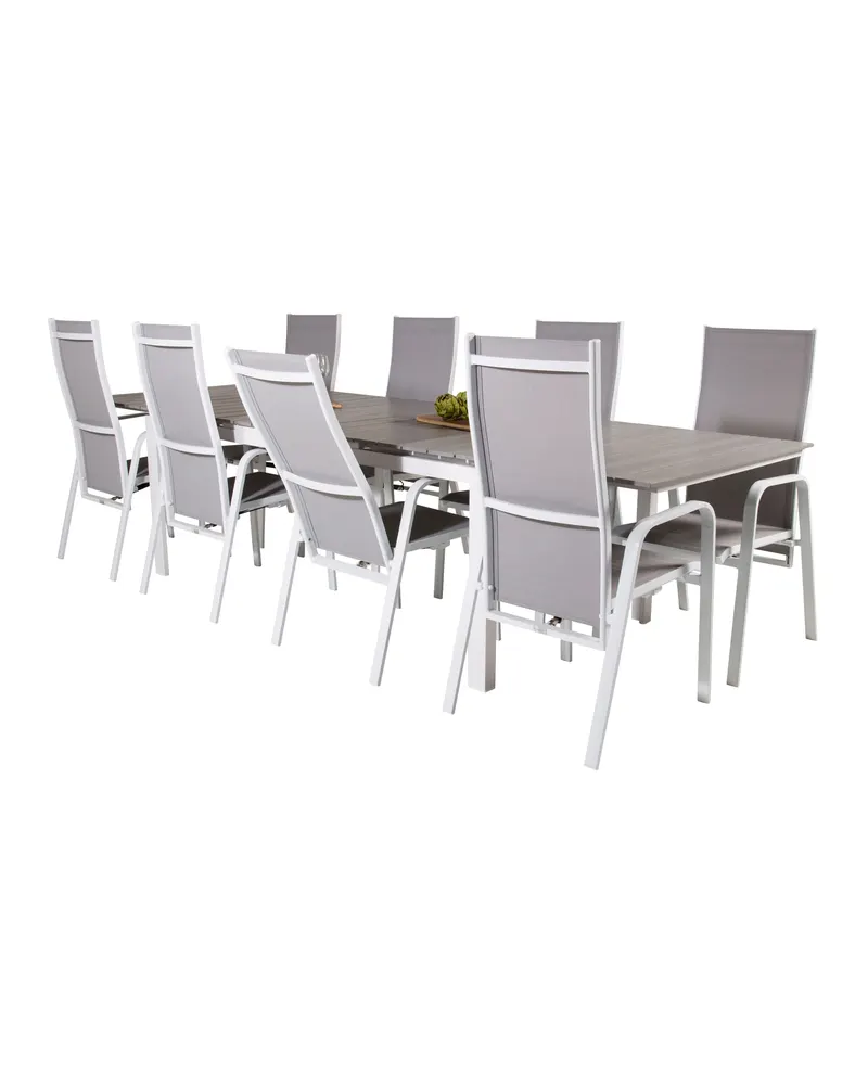 Levels & Copacabana Gartenmöbel-Set mit Ausziehtisch und 8 Hochlehnern in 229 × 100 cm, Grau, Gestell Weiß, Ansicht 4
