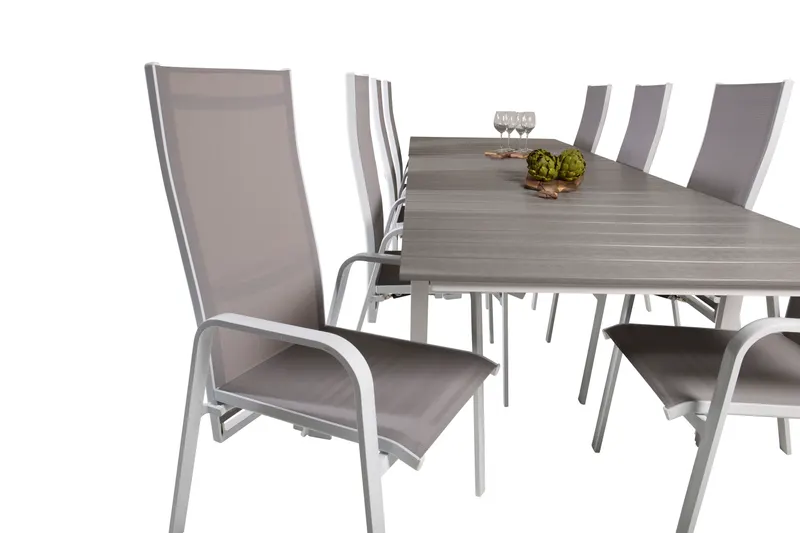 Levels & Copacabana Gartenmöbel-Set mit Ausziehtisch und 8 Hochlehnern in 229 × 100 cm, Grau, Gestell Weiß, Ansicht 6