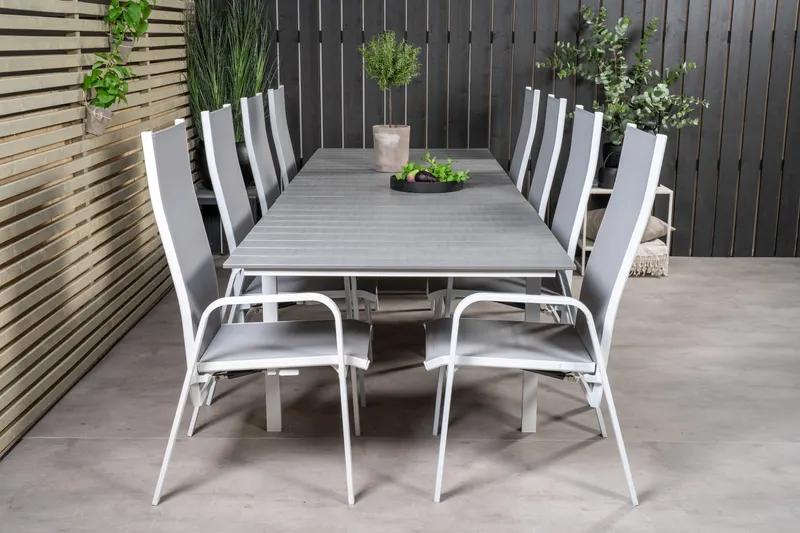 Levels & Copacabana Gartenmöbel-Set mit Ausziehtisch und 8 Hochlehnern in 229 × 100 cm, Grau, Gestell Weiß, im Wohnraum, Ansicht 1
