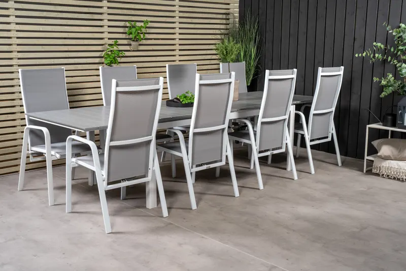 Levels & Copacabana Gartenmöbel-Set mit Ausziehtisch und 8 Hochlehnern in 229 × 100 cm, Grau, Gestell Weiß, im Wohnraum, Ansicht 2