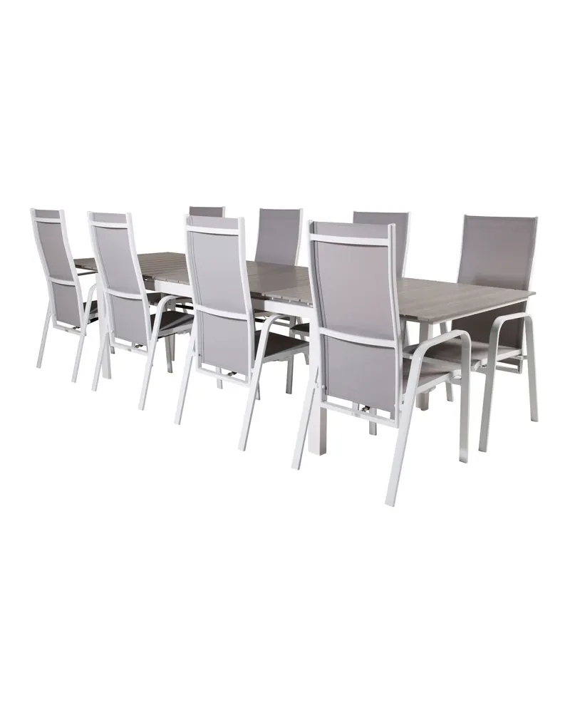 Levels & Copacabana Gartenmöbel-Set mit Ausziehtisch und 8 Hochlehnern in 229 × 100 cm, Grau, Gestell Weiß, Ansicht 2