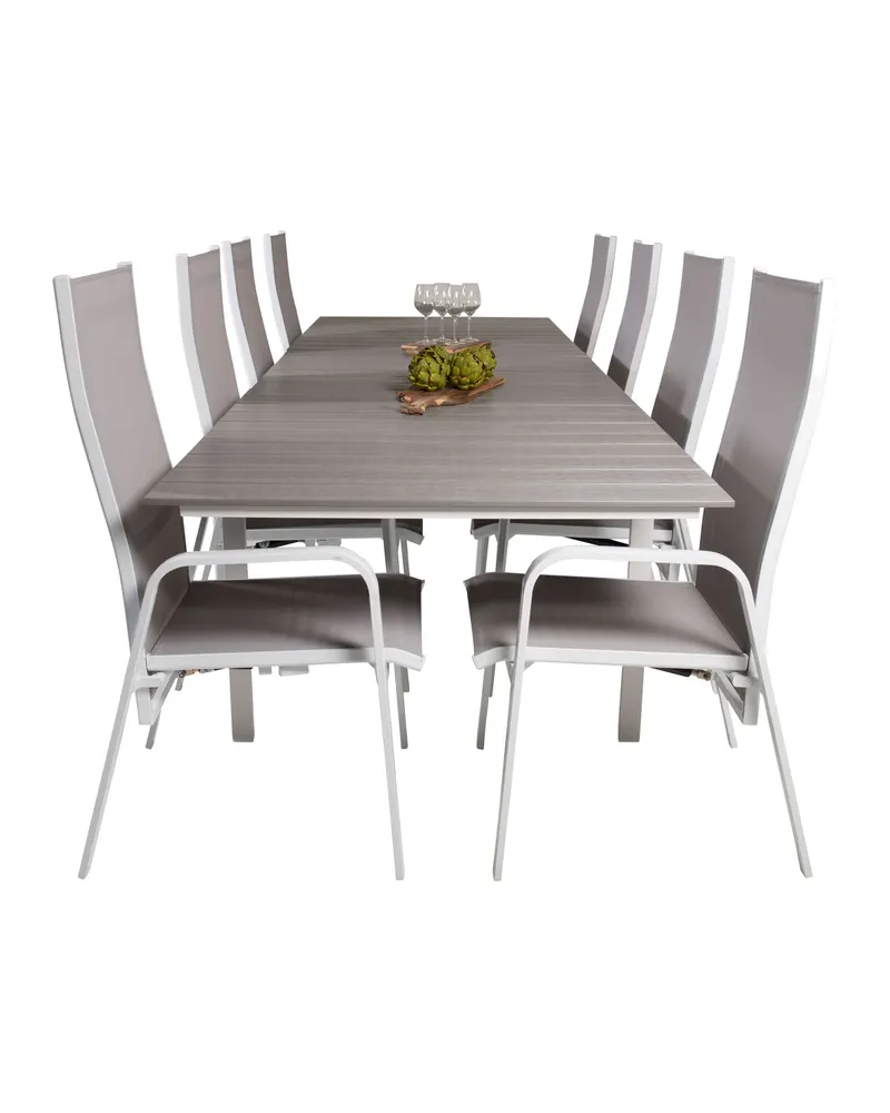 Levels & Copacabana Gartenmöbel-Set mit Ausziehtisch und 8 Hochlehnern in 229 × 100 cm, Grau, Gestell Weiß, Ansicht 3