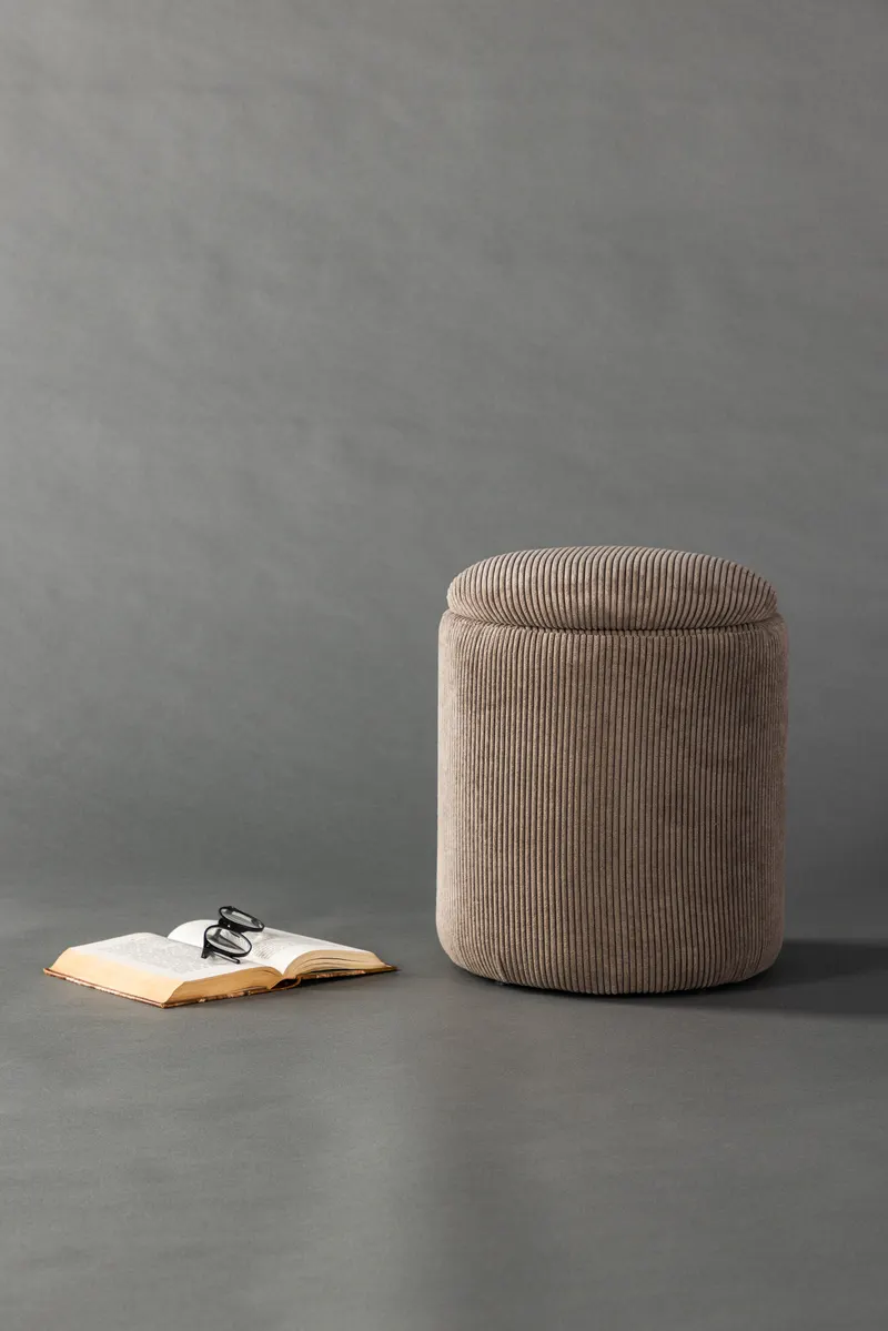 Limpen zylinderförmiger Pouf mit Deckel in Braun, Polyester-Cord, im Wohnraum, Ansicht 1