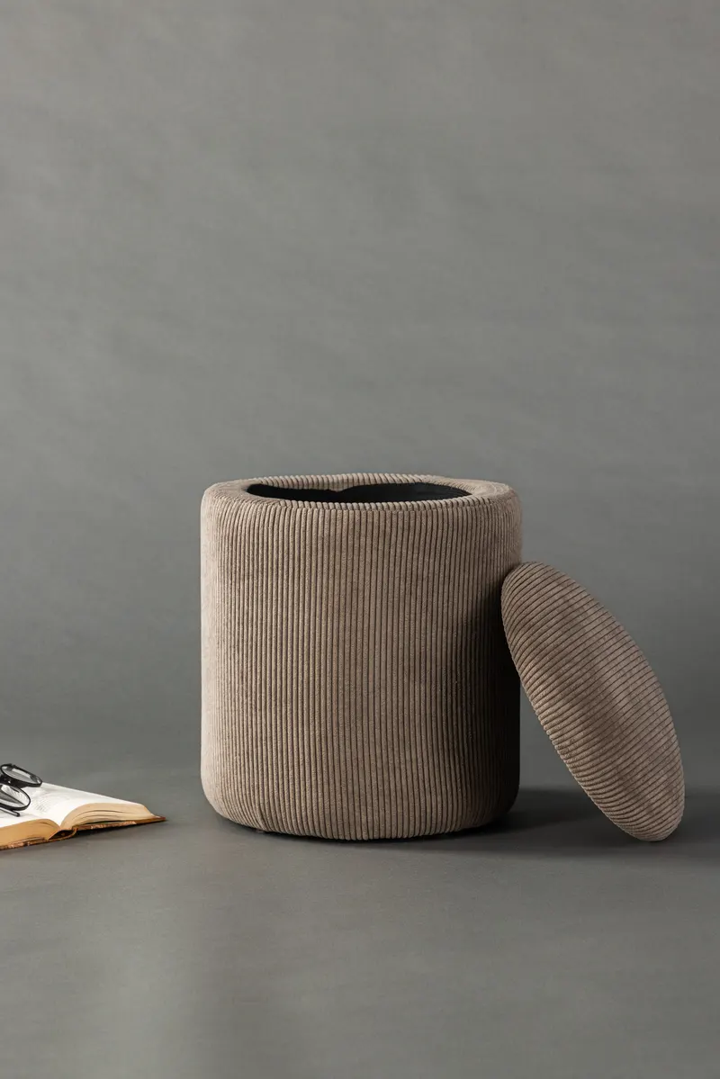 Limpen zylinderförmiger Pouf mit Deckel in Braun, Polyester-Cord, im Wohnraum, Ansicht 2