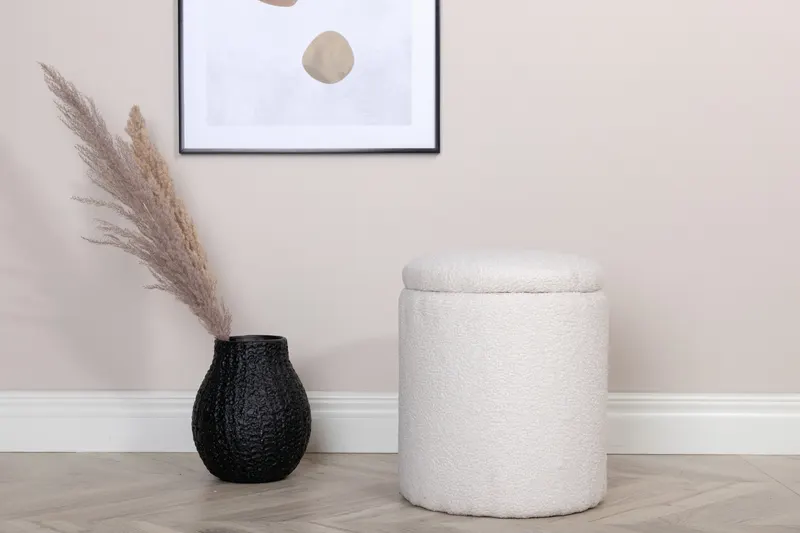 Limpen zylinderförmiger Pouf mit Deckel in Weiß, Polyester-Teddystoff, im Wohnraum, Ansicht 1