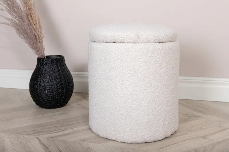 Limpen zylinderförmiger Pouf mit Deckel in Weiß, Polyester-Teddystoff, im Wohnraum, Ansicht 2