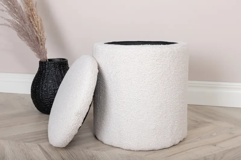 Limpen zylinderförmiger Pouf mit Deckel in Weiß, Polyester-Teddystoff, im Wohnraum, Ansicht 3