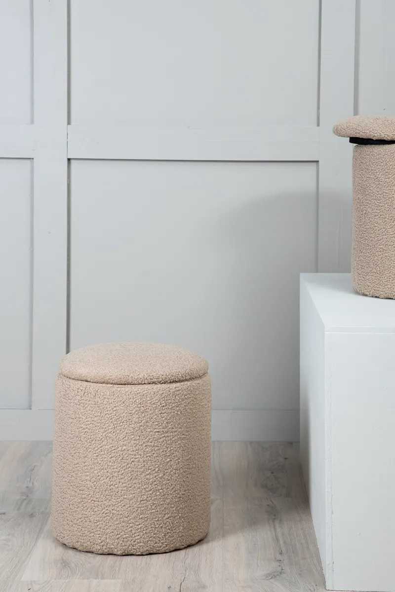 Limpen zylinderförmiger Pouf mit Deckel in Beige, Polyester-Teddystoff, im Wohnraum, Ansicht 1