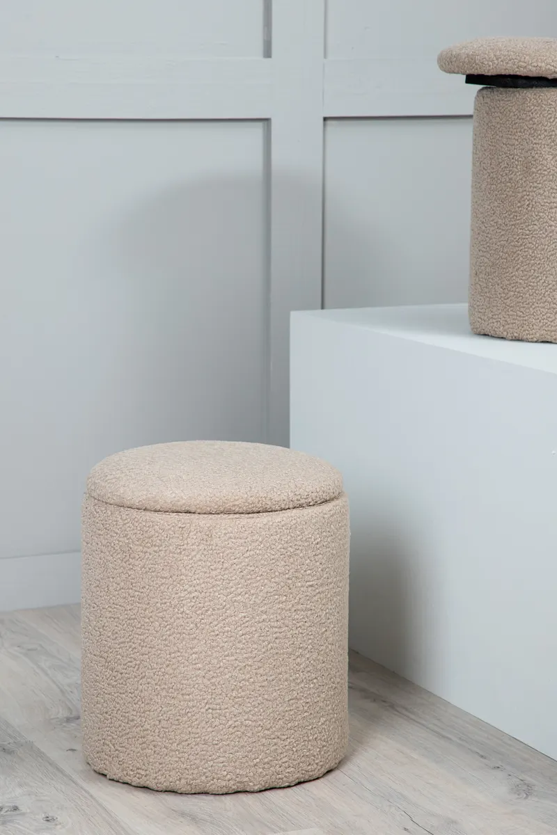 Limpen zylinderförmiger Pouf mit Deckel in Beige, Polyester-Teddystoff, im Wohnraum, Ansicht 2