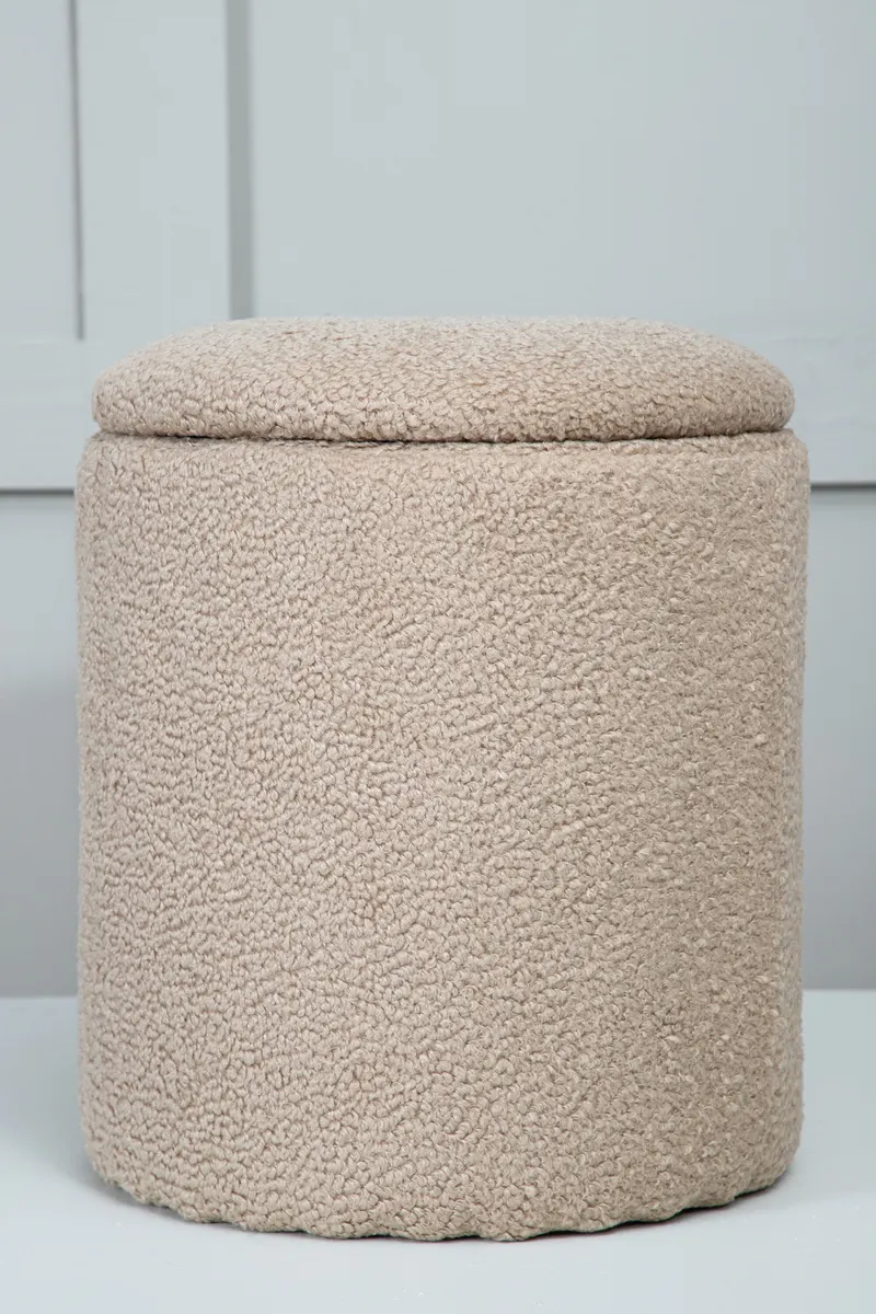 Limpen zylinderförmiger Pouf mit Deckel in Beige, Polyester-Teddystoff, im Wohnraum, Ansicht 3