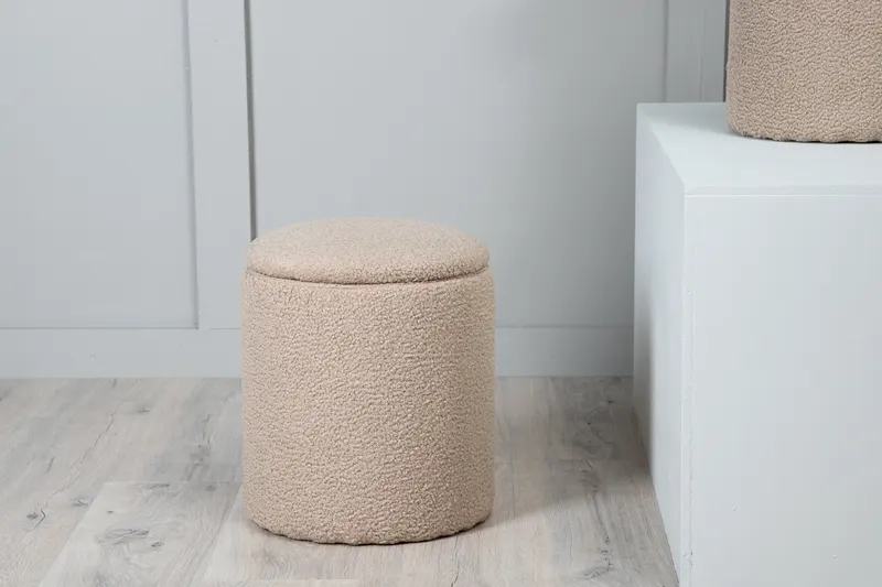 Limpen zylinderförmiger Pouf mit Deckel in Beige, Polyester-Teddystoff, im Wohnraum, Ansicht 4