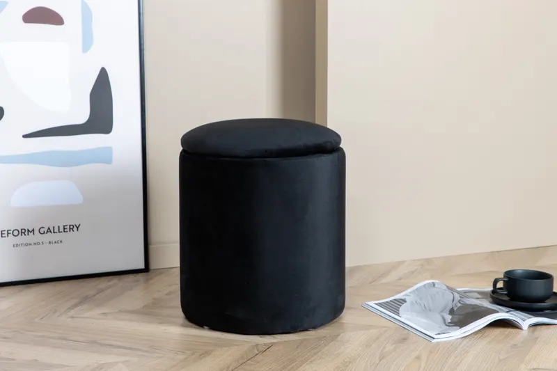 Limpen zylinderförmiger Pouf mit Deckel in Schwarz, Polyester-Teddystoff, im Wohnraum, Ansicht 2