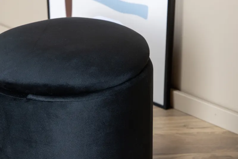 Limpen zylinderförmiger Pouf mit Deckel in Schwarz, Polyester-Teddystoff, im Wohnraum, Ansicht 5