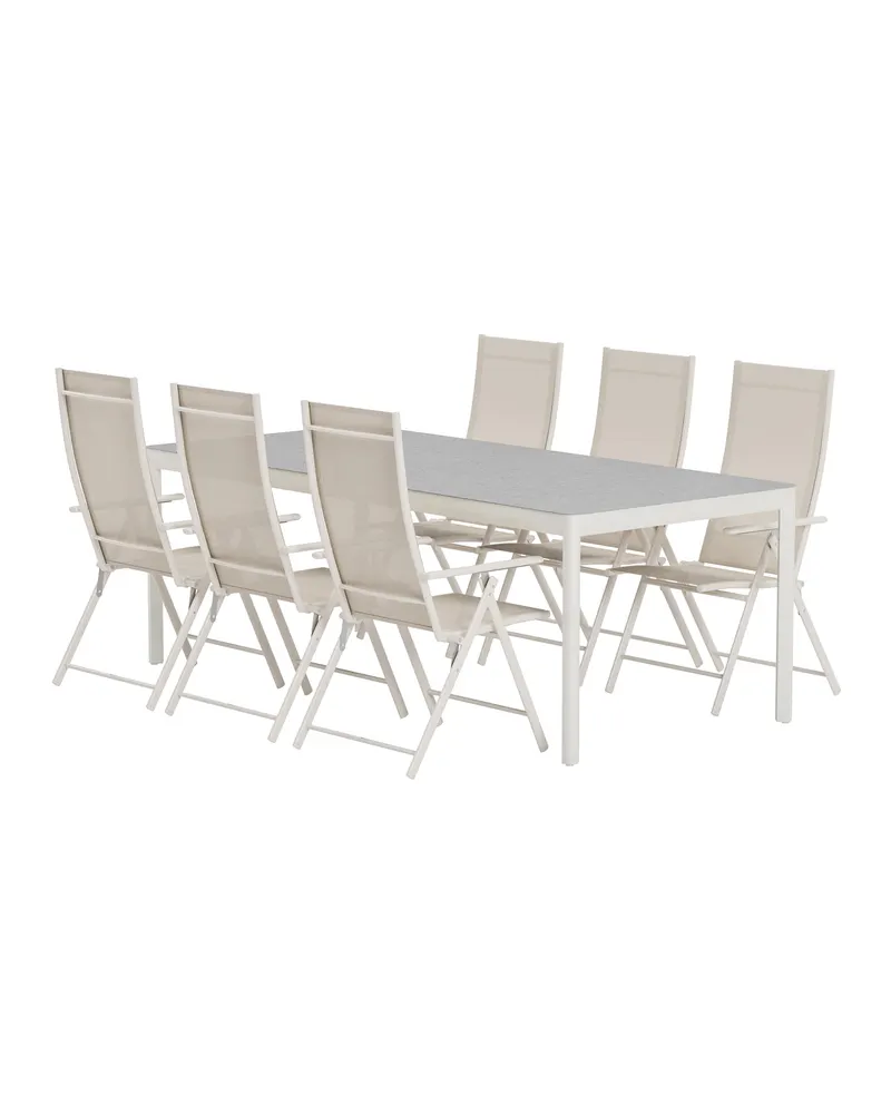 Lino & Levanzo Gartenmöbel Set: Keramikglas-Tisch und 6 Klappstühle, Hellgrau, Beige