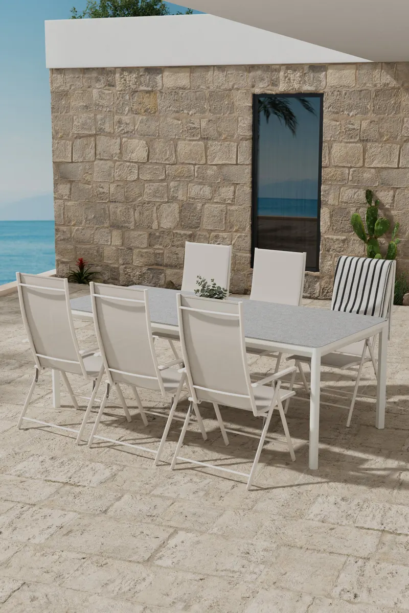 Lino & Levanzo Gartenmöbel Set mit Keramikglas-Tisch und 6 Klappstühlen, im Wohnraum, Ansicht 1