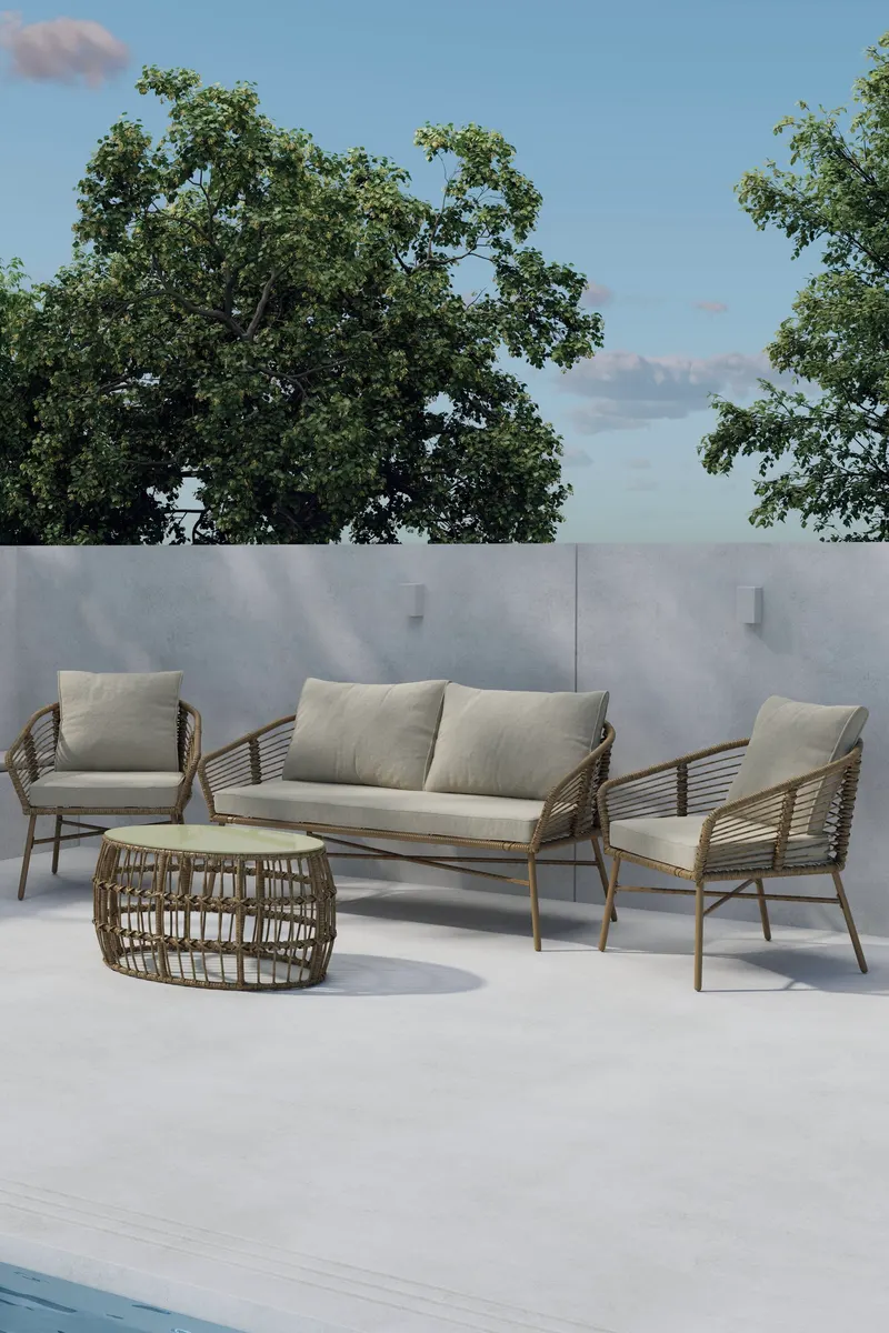 Lipari Gartenlounge aus Geflecht mit Glastisch, im Wohnraum