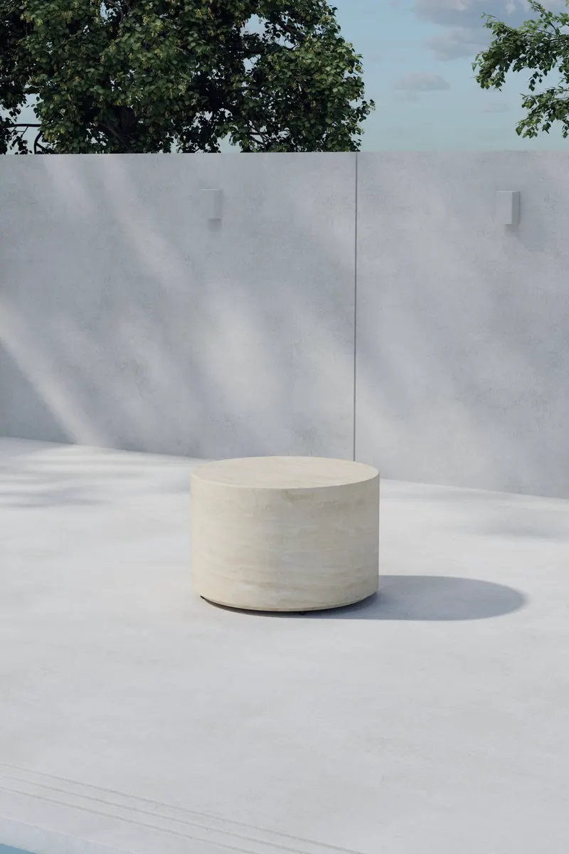 Lissabon runder Outdoor-Beistelltisch in Beige, im Wohnraum