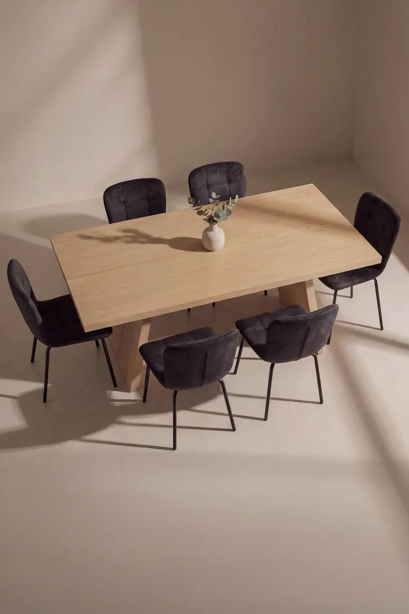 Logga & Punsch Essgruppe mit rechteckigem Esstisch und 6 schwarzen Polsterstühlen, im Wohnraum, Ansicht 2