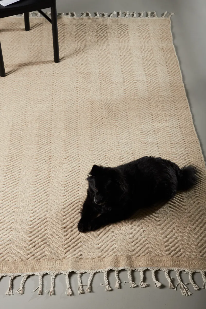 Loke Teppich aus Wolle und Baumwolle mit Fransen in 230 × 160 cm, im Wohnraum, Ansicht 1