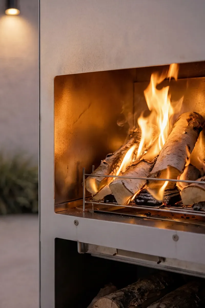 Makarima Feuerstelle mit Kaminrohr, im Wohnraum, Ansicht 4