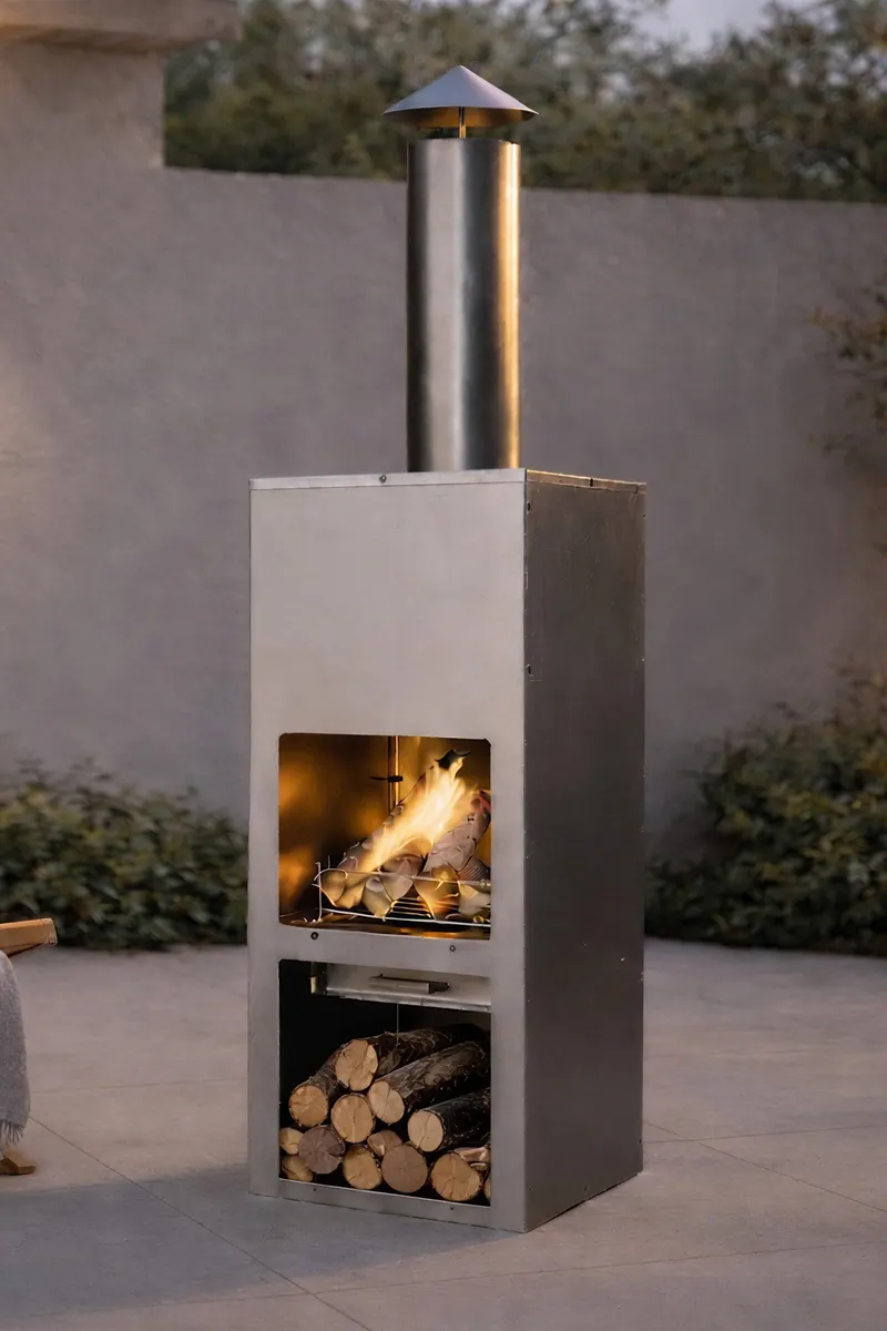 Makarima Feuerstelle mit Kaminrohr, im Wohnraum, Ansicht 1