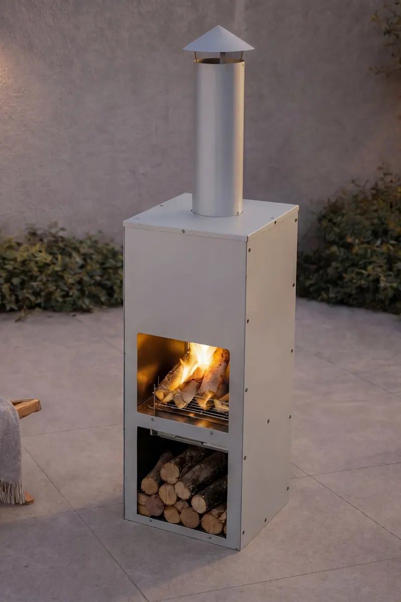 Makarima Feuerstelle mit Kaminrohr, im Wohnraum, Ansicht 2