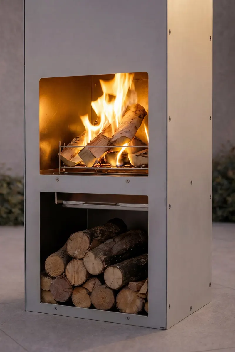 Makarima Feuerstelle mit Kaminrohr, im Wohnraum, Ansicht 3
