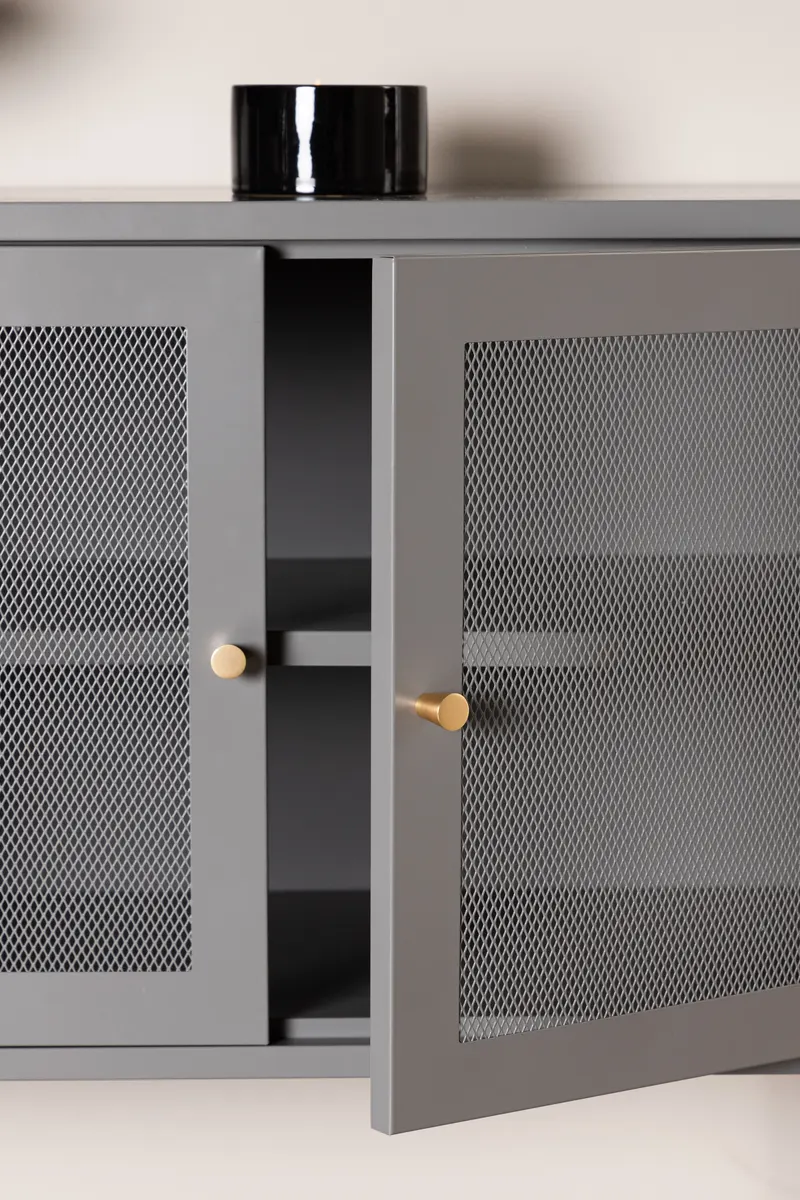 Malla Sideboard aus Stahl mit Gittertüren in Hellgrau, im Wohnraum, Ansicht 4