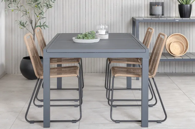 Marbella & Lindos Gartenmöbel Set mit ausziehbarem Tisch und 4 Seilstühlen in Braun, Gestell Schwarz, im Wohnraum, Ansicht 1