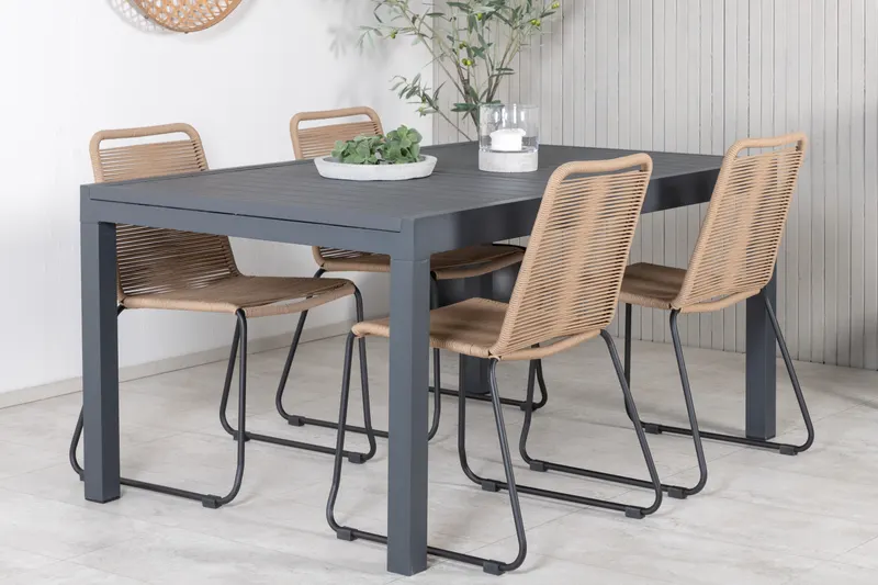 Marbella & Lindos Gartenmöbel Set mit ausziehbarem Tisch und 4 Seilstühlen in Braun, Gestell Schwarz, im Wohnraum, Ansicht 2