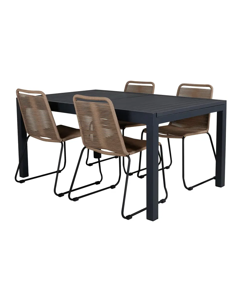 Marbella & Lindos Gartenmöbel Set mit ausziehbarem Tisch und 4 Seilstühlen in Braun, Gestell Schwarz, Ansicht 2